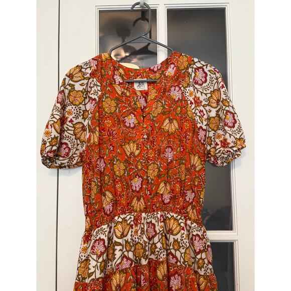 dRA Los Angeles Floral Tiered Midi Dress Smocked Waist Puff-Sleeve Orange Large - Picture 3 of 11